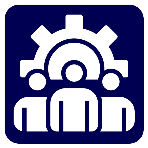 A blue and white icon depicting people with gears, symbolizing collaboration and teamwork.